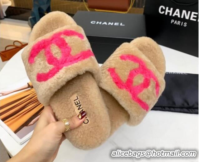 Luxury Chanel Shearling CC Flat Slide Sandals Camel 072171