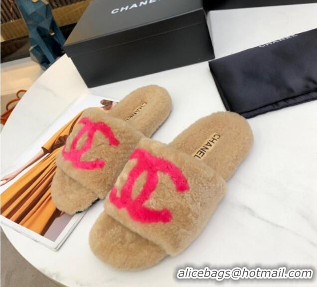 Luxury Chanel Shearling CC Flat Slide Sandals Camel 072171