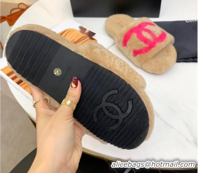 Luxury Chanel Shearling CC Flat Slide Sandals Camel 072171