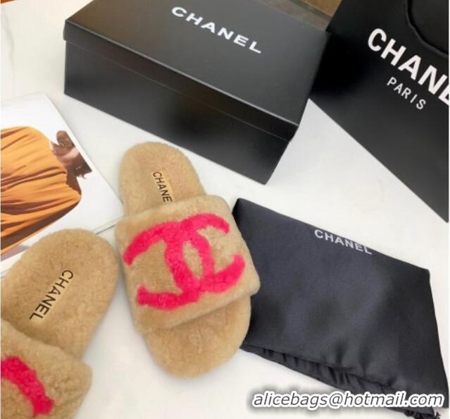 Luxury Chanel Shearling CC Flat Slide Sandals Camel 072171