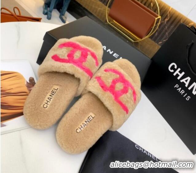 Luxury Chanel Shearling CC Flat Slide Sandals Camel 072171