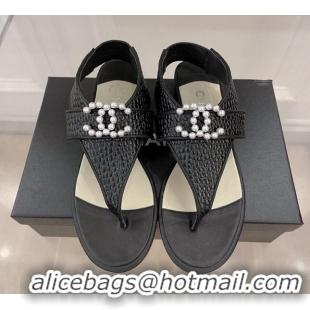 Durable Chanel Stone Embossed Leather Flat Thong Sandals with Pearl CC Black 072212