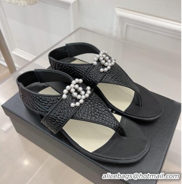 Durable Chanel Stone Embossed Leather Flat Thong Sandals with Pearl CC Black 072212