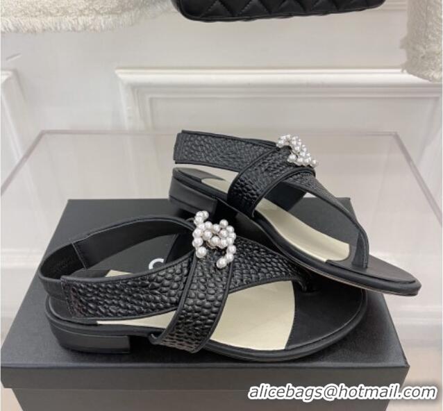 Durable Chanel Stone Embossed Leather Flat Thong Sandals with Pearl CC Black 072212