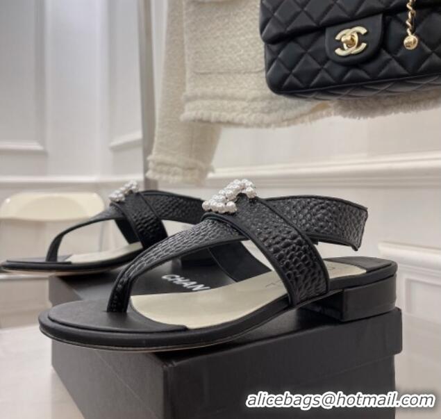 Durable Chanel Stone Embossed Leather Flat Thong Sandals with Pearl CC Black 072212