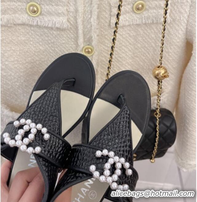 Durable Chanel Stone Embossed Leather Flat Thong Sandals with Pearl CC Black 072212