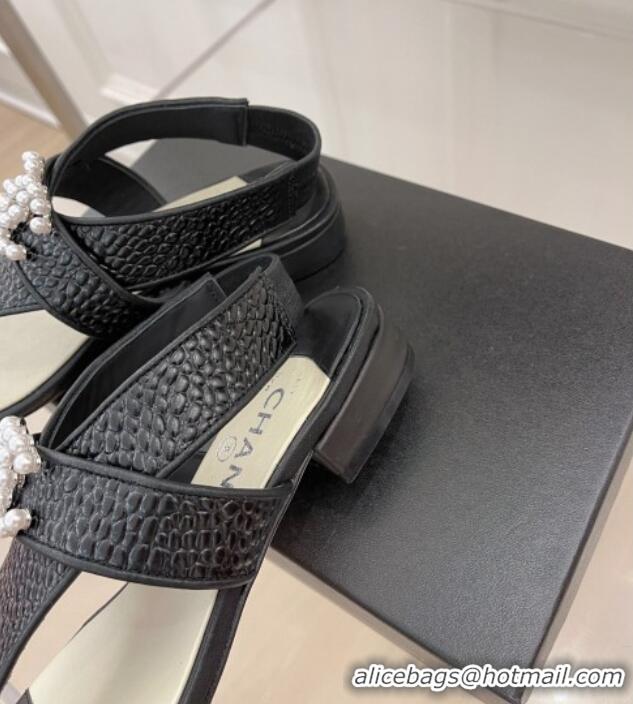 Durable Chanel Stone Embossed Leather Flat Thong Sandals with Pearl CC Black 072212