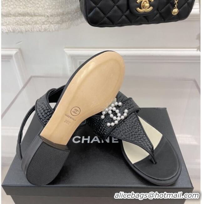 Durable Chanel Stone Embossed Leather Flat Thong Sandals with Pearl CC Black 072212