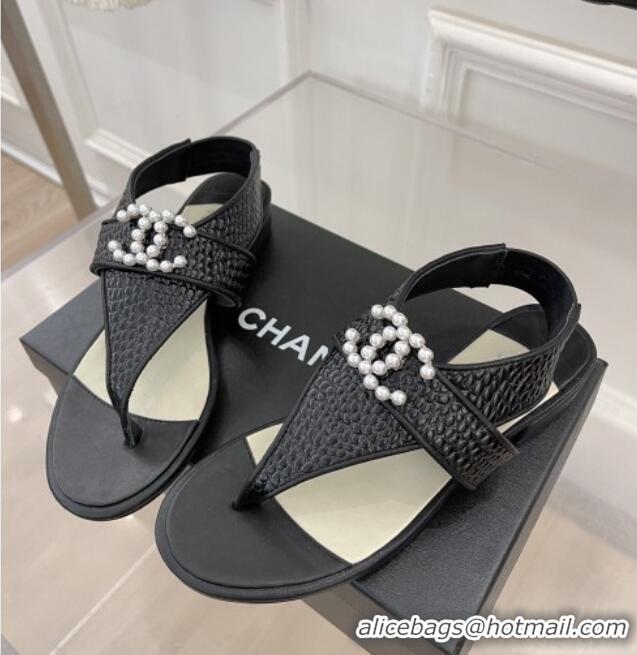 Durable Chanel Stone Embossed Leather Flat Thong Sandals with Pearl CC Black 072212