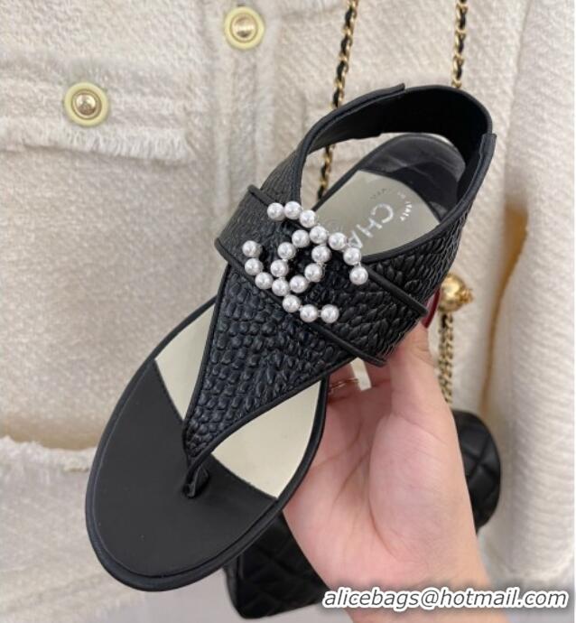 Durable Chanel Stone Embossed Leather Flat Thong Sandals with Pearl CC Black 072212