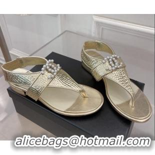 Duplicate Chanel Stone Embossed Leather Flat Thong Sandals with Pearl CC Gold 072213