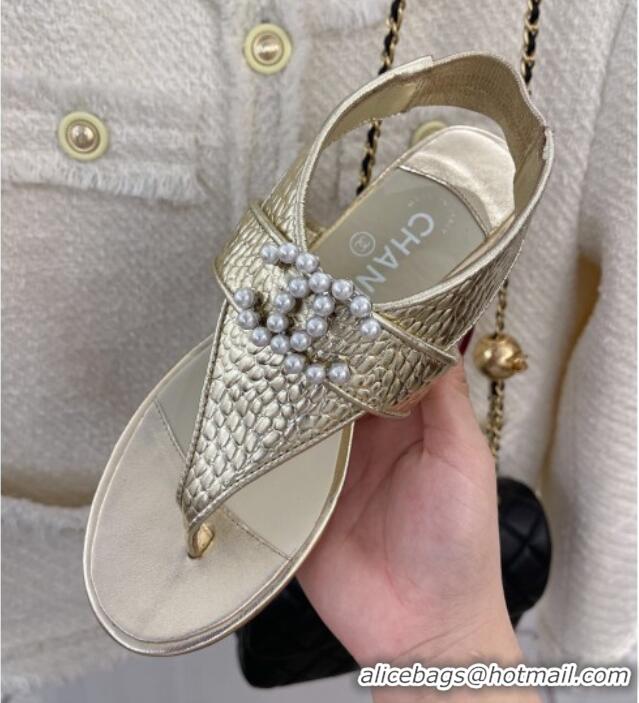 Duplicate Chanel Stone Embossed Leather Flat Thong Sandals with Pearl CC Gold 072213