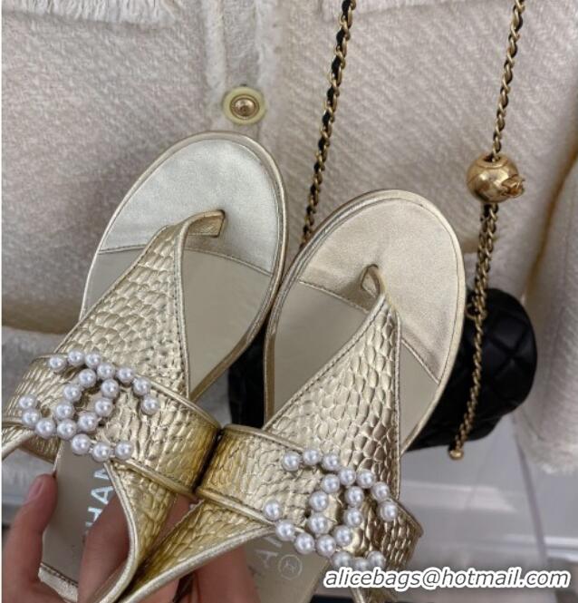 Duplicate Chanel Stone Embossed Leather Flat Thong Sandals with Pearl CC Gold 072213