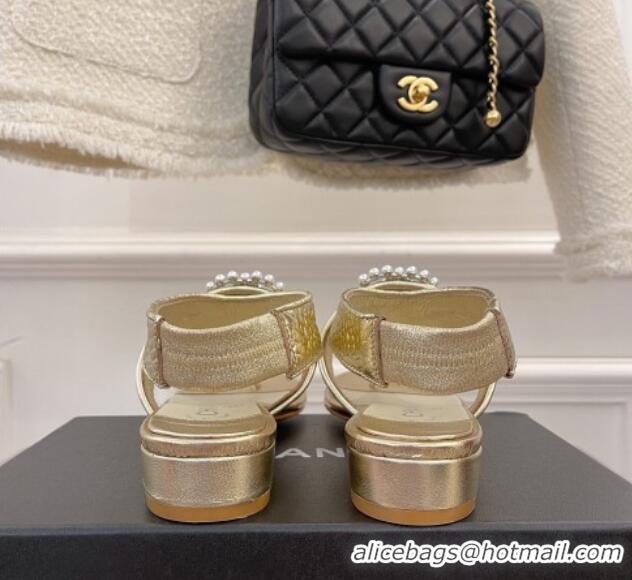 Duplicate Chanel Stone Embossed Leather Flat Thong Sandals with Pearl CC Gold 072213