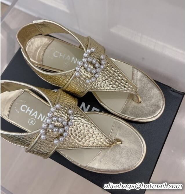 Duplicate Chanel Stone Embossed Leather Flat Thong Sandals with Pearl CC Gold 072213