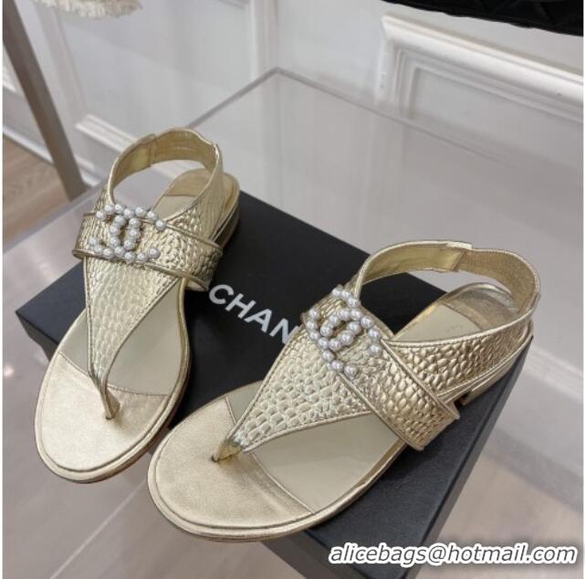 Duplicate Chanel Stone Embossed Leather Flat Thong Sandals with Pearl CC Gold 072213