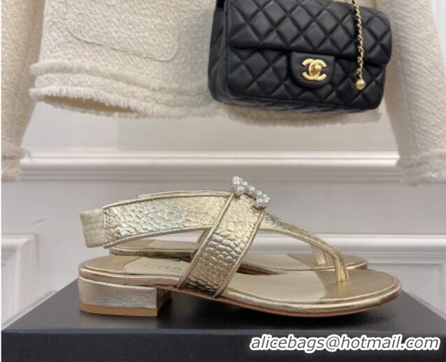 Duplicate Chanel Stone Embossed Leather Flat Thong Sandals with Pearl CC Gold 072213