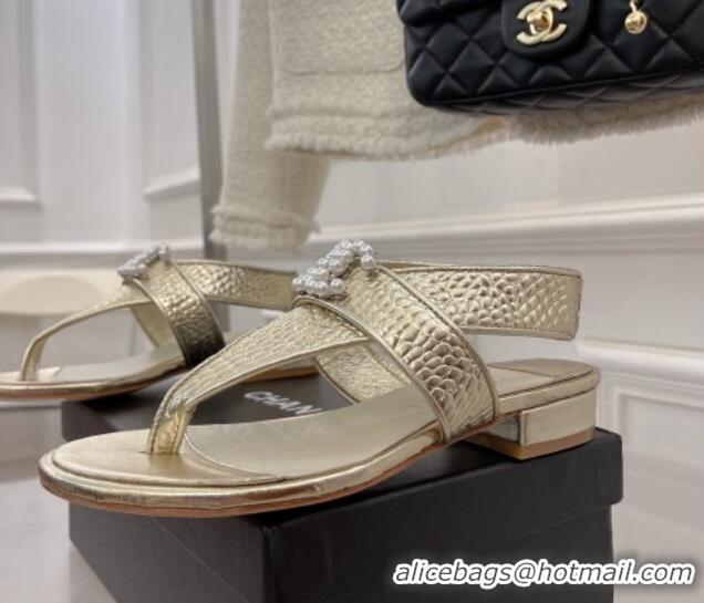 Duplicate Chanel Stone Embossed Leather Flat Thong Sandals with Pearl CC Gold 072213