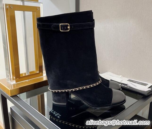 Low Price Chanel Suede Medium Heel Boots 6.5cm Black 080870