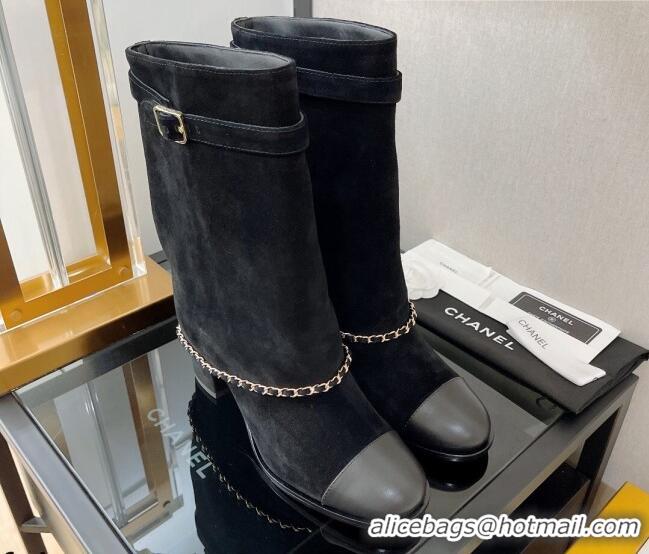 Low Price Chanel Suede Medium Heel Boots 6.5cm Black 080870