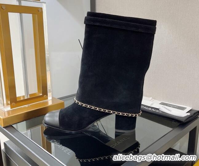 Low Price Chanel Suede Medium Heel Boots 6.5cm Black 080870