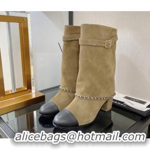 Fashion Chanel Suede Medium Heel Boots 6.5cm Camel Brown 080870