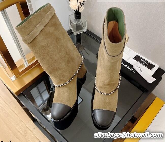 Fashion Chanel Suede Medium Heel Boots 6.5cm Camel Brown 080870