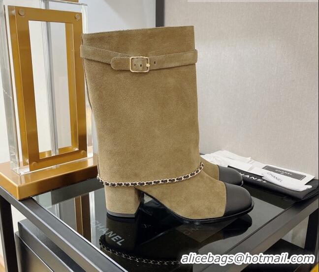 Fashion Chanel Suede Medium Heel Boots 6.5cm Camel Brown 080870