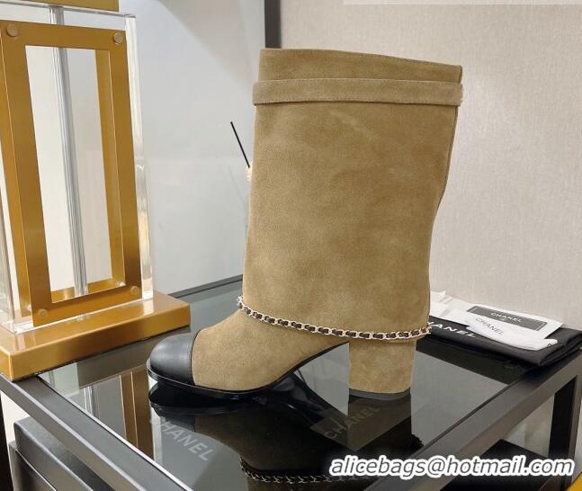 Fashion Chanel Suede Medium Heel Boots 6.5cm Camel Brown 080870