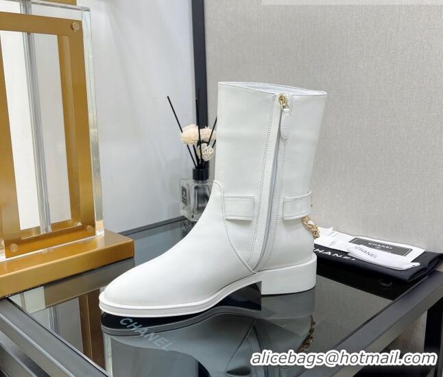 Best Price Chanel Calfskin Ankle Boots with CC Chain Back White 080879