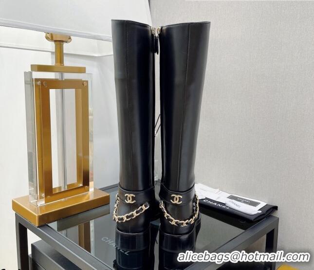 Top Grade Chanel Calfskin High Boots with CC Chain Back Black 080880