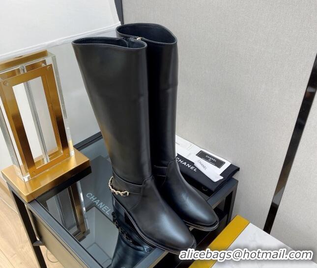 Top Grade Chanel Calfskin High Boots with CC Chain Back Black 080880