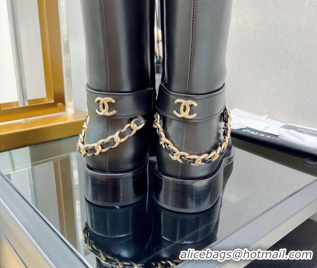 Top Grade Chanel Calfskin High Boots with CC Chain Back Black 080880