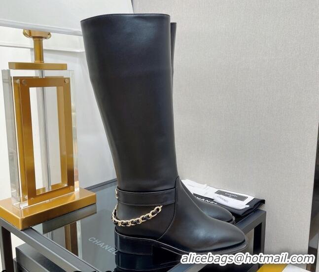 Top Grade Chanel Calfskin High Boots with CC Chain Back Black 080880