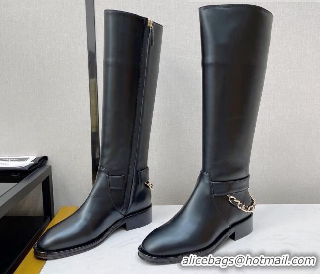 Top Grade Chanel Calfskin High Boots with CC Chain Back Black 080880