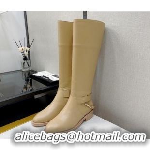 Luxurious Chanel Calfskin High Boots with CC Chain Back Apricot 080881