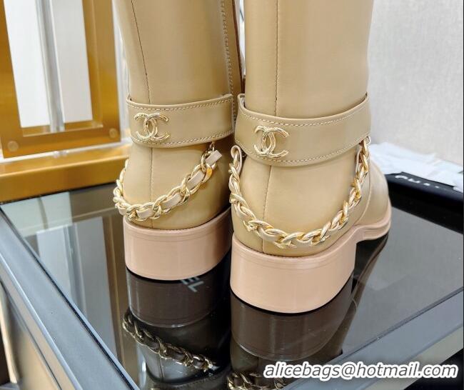 Luxurious Chanel Calfskin High Boots with CC Chain Back Apricot 080881