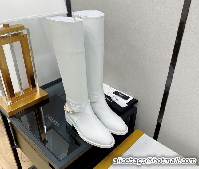 Perfect Chanel Calfskin High Boots with CC Chain Back White 080882