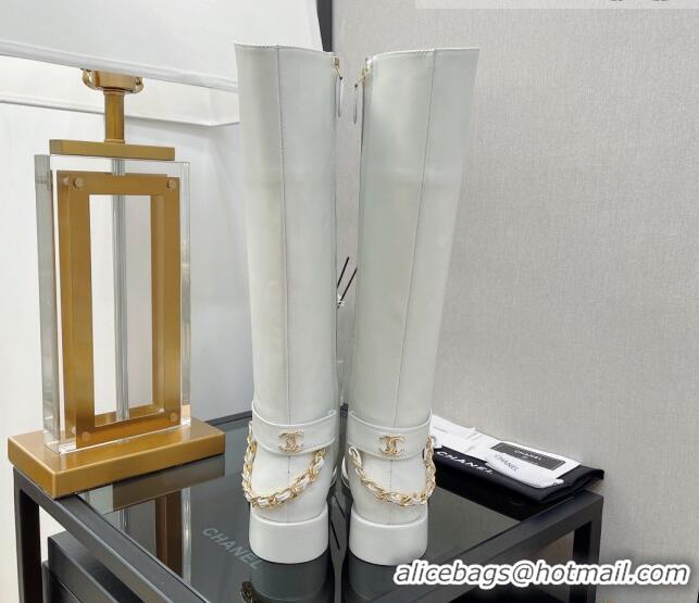 Perfect Chanel Calfskin High Boots with CC Chain Back White 080882