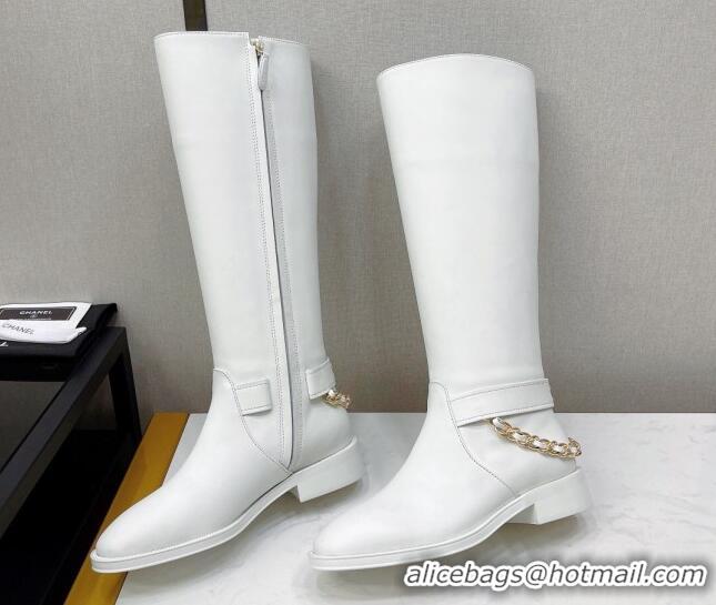 Perfect Chanel Calfskin High Boots with CC Chain Back White 080882