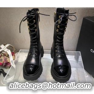 Classic Hot Chanel Calfskin Lace-up Boots Back Black 080883