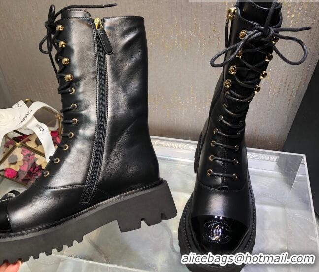 Classic Hot Chanel Calfskin Lace-up Boots Back Black 080883