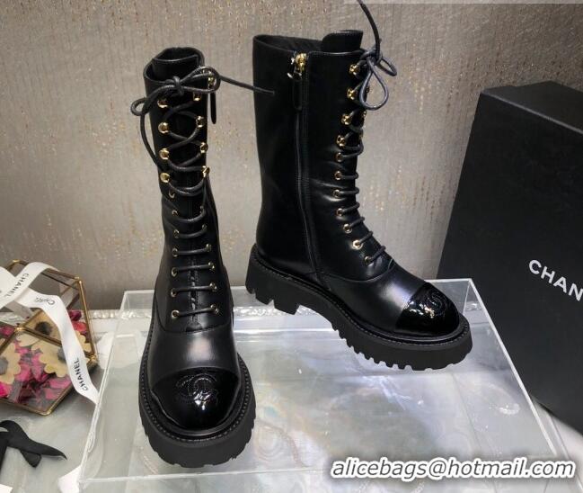 Classic Hot Chanel Calfskin Lace-up Boots Back Black 080883