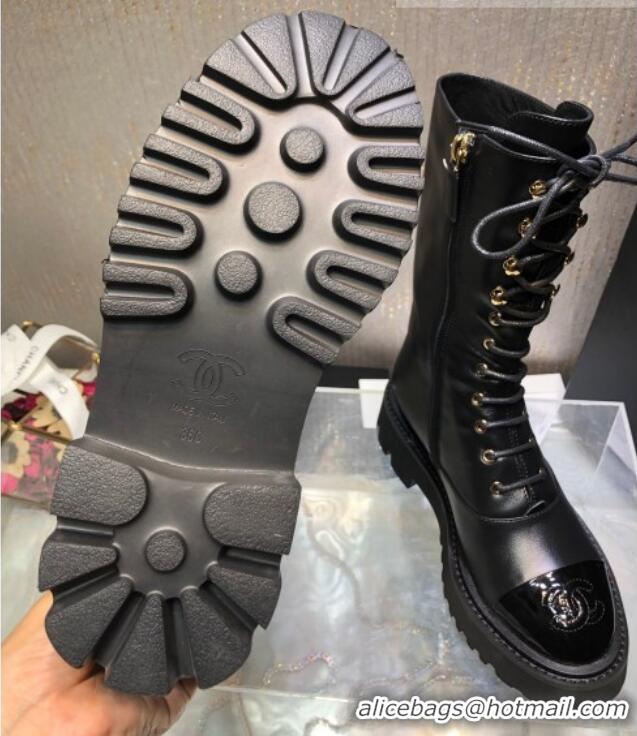 Classic Hot Chanel Calfskin Lace-up Boots Back Black 080883