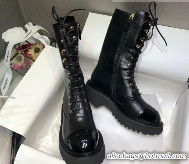 Classic Hot Chanel Calfskin Lace-up Boots Back Black 080883