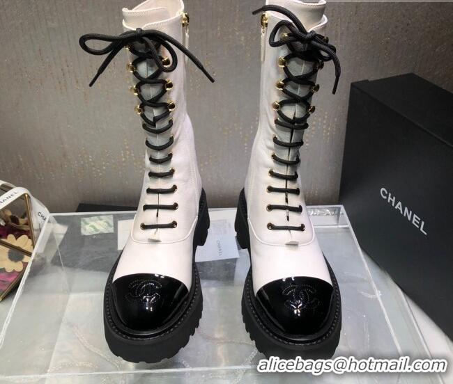 Sophisticated Chanel Calfskin Lace-up Boots Back White 080884