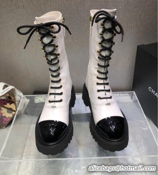 Sophisticated Chanel Calfskin Lace-up Boots Back White 080884