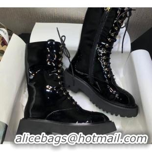 Popular Style Chanel Patent Leather Lace-up Boots Back Black 080885