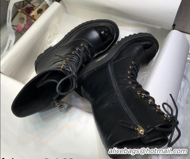 Popular Style Chanel Patent Leather Lace-up Boots Back Black 080885