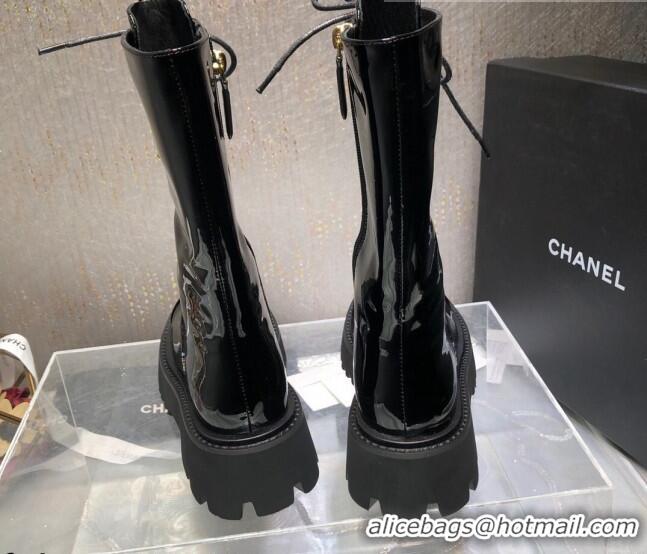 Popular Style Chanel Patent Leather Lace-up Boots Back Black 080885